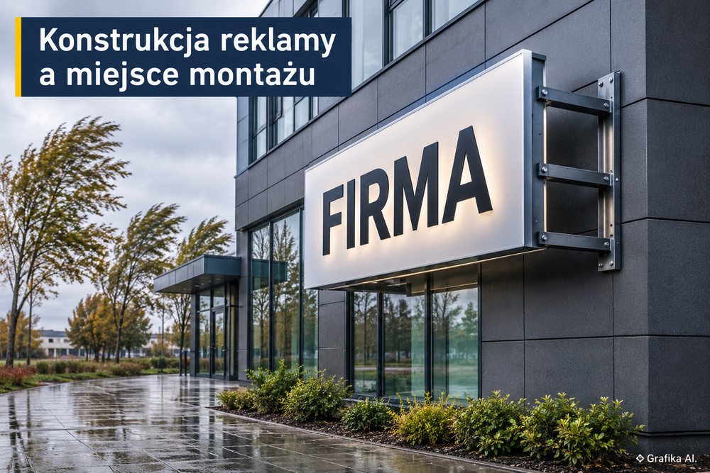 Kaseton reklamowy ze wspornikami na elewacji nowoczesnego budynku – ilustracja AI